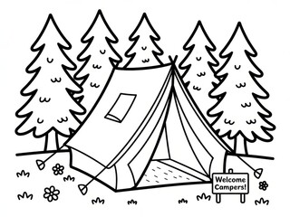 Camping Tent in Forest Black and White Outline Illustration for Coloring Book