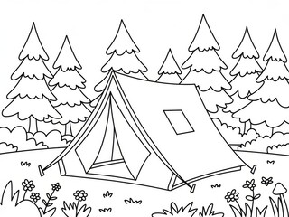 Camping Tent in Forest with Flowers Black and White Outline Illustration