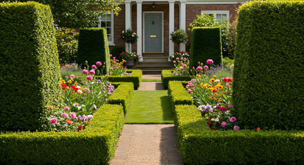 Obraz premium Exquisite Landscaping With Topiary Hedges And Vibrant Floral Arrangement Leading to Elegant Home