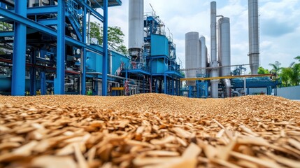 Industrial facility processing raw materials with large silos and machinery under a blue sky