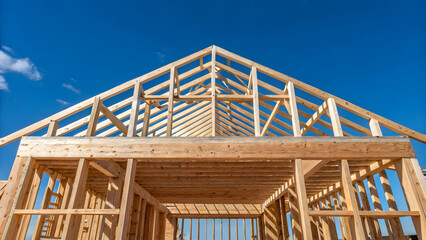 Construction of a wooden frame house under a clear blue sky