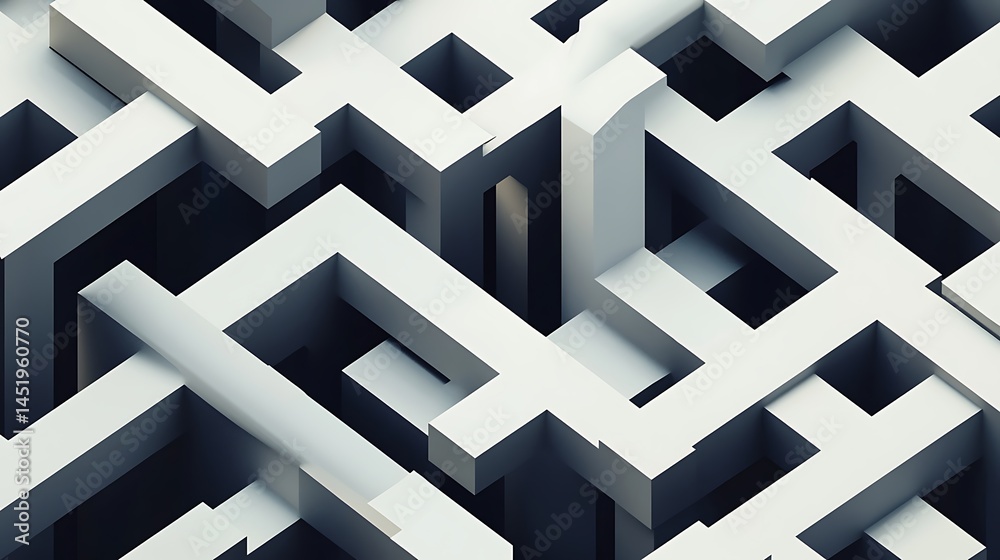 Poster abstract 3d rendering of an intricate maze like structure composed of off white and dark gray geomet