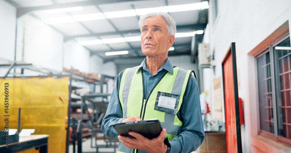 Poster Man, engineer and thinking with tablet for distribution, manufacturing schedule and problem solving. Mature operator, tech and idea in factory for inspection, industrial plant and automation software