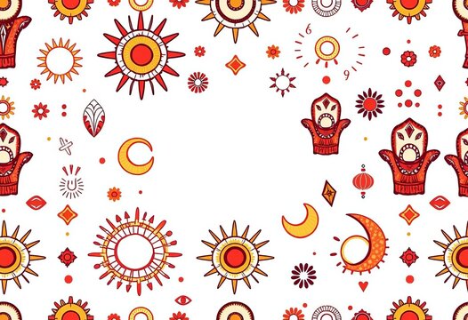 Whimsical hand-drawn hamsa, sun, moon, and ethnic motifs forming a seamless repeating pattern,  tribal,  design