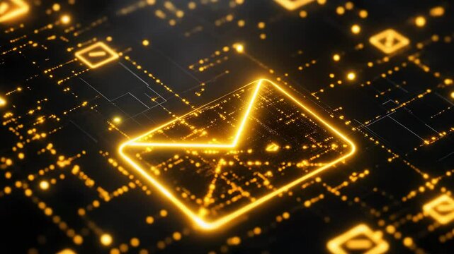 A glowing digital envelope icon surrounded by bright, futuristic light elements symbolizes email and electronic communication.