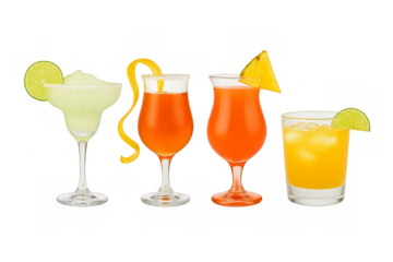 Tropical Cocktails Array: A vibrant quartet of meticulously crafted cocktails, each adorned with fresh fruit garnishes, promises a refreshing sensory journey and visual treat.