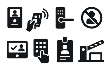 Security and access control solid icons set – flat, filled, surveillance symbols