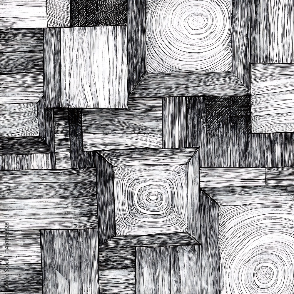 Poster abstract grayscale illustration featuring overlapping, textured cubes creating a three dimensional e