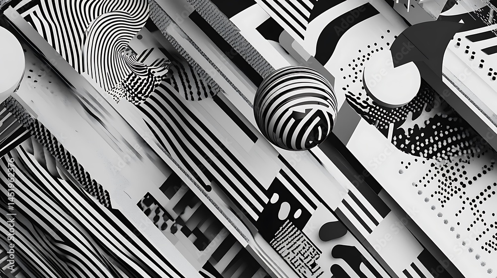 Poster abstract grayscale illustration featuring dynamic, intersecting lines and geometric shapes. black an