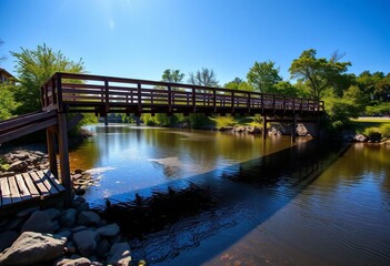 Fototapeta premium Wooden bridge spans tranquil river, sunlight dappling water, perspective, adventure
