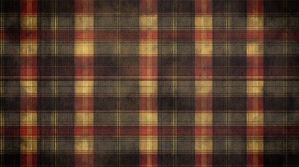 Fototapeta premium Abstract grunge texture with red, brown, and gold plaid pattern. Dark background with distressed, faded effect. Vertical lines create a woven look. High contrast and gritty feel