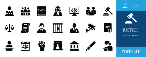 Solid black justice and law icon set featuring judge, lawyer, scale, gavel, court, police, CCTV, certificate and legal symbols. Perfect for legal, government, and justice-related designs