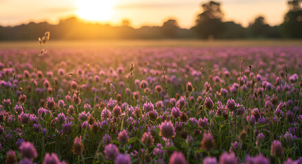 Field Of Red Clover Under a Bright Golden Sunset With Horizon