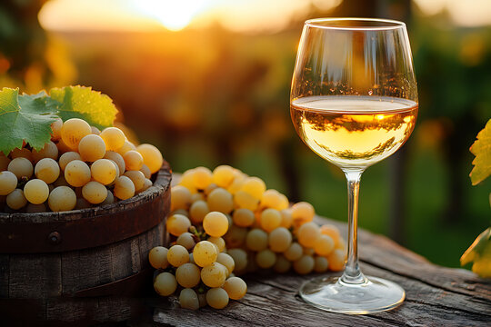Golden wine glass and fresh grapes at vineyard during sunset time