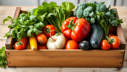 Wooden crate filled with farm fresh vegetables, smooth light. with white shades