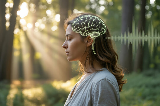 Woman with brain and sound wave in forest, mental health.