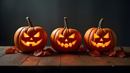 Fototapeta premium Spooky Halloween Jack O Lanterns on Wooden Table