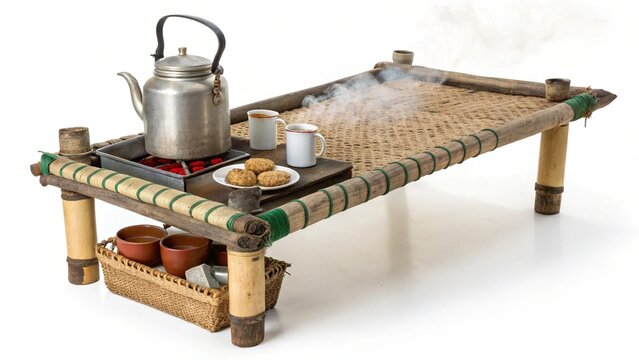 "A classic roadside chai dhaba scene, with charpoy, tea kettle, and cups &ndash; PNG cutout with white background"

