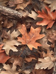 Close up view of fallen autumn leaves in various shades of brown and orange, some partially decayed. A small piece of dark brown wood is visible amongst the leaves. The overall tone is warm and