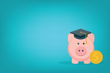 Graduation cost, expensive education, scholarship loan budget, education savings and investment concept. Piggy bank in flat design.
