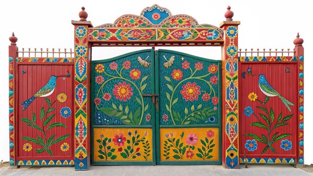 "A colorful truck art gate from rural Pakistan, decorated with floral and bird motifs, isolated on a white PNG background"


