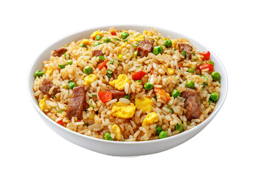 Fried rice with peas, scrambled eggs, red bell peppers, and beef pieces in ceramic bowl isolated on white transparent background, concept of Asian cuisine