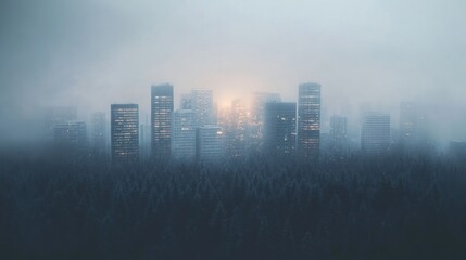 Fototapeta premium Misty Cityscape: Skyscrapers Emerging from a Foggy Forest