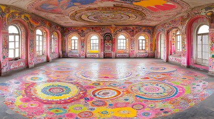 Obraz premium Vibrant and colorful interior of a large hall or ballroom, featuring a brightly painted floor and walls with a playful, whimsical design. The floor is covered in a circular pattern of various shapes