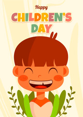 Cute cartoon boy smiling with Happy Children's Day text for celebration poster