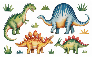 Fototapeta premium Watercolor illustration of various dinosaurs and green plants.