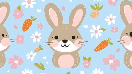 Obraz premium Light blue background, repeating pattern of cute cartoon bunnies, pink flowers, and orange carrots. Simple, childlike illustration style