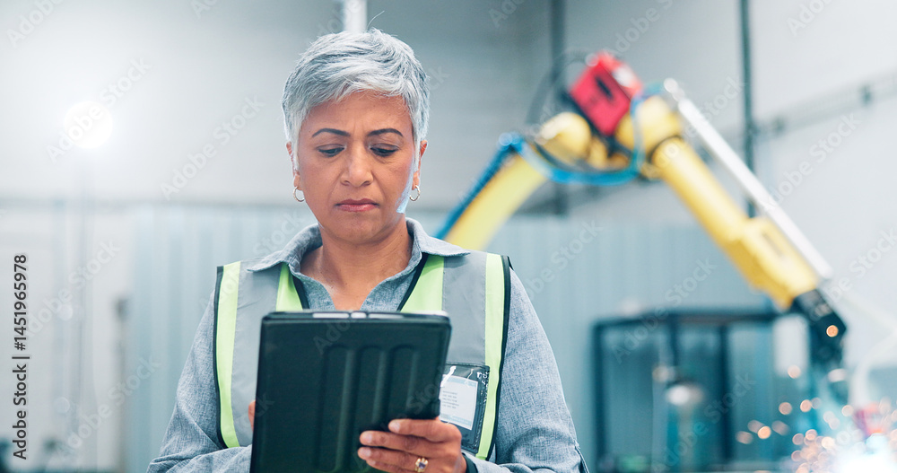 Poster engineer, tablet and woman in factory for robotics, manufacturing or welding machine at assembly lin