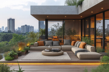 Fototapeta premium Terrasse contemporaine avec vue sur la ville au coucher du soleil, décor moderne et végétalisé, ambiance chaleureuse avec éclairages et mobilier de jardin design