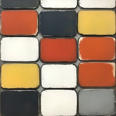 Fototapeta premium Rectangular paint swatches in varying shades of orange, yellow, white, gray and black are arranged in a grid pattern. The paint appears slightly distressed, with visible texture and wear. The