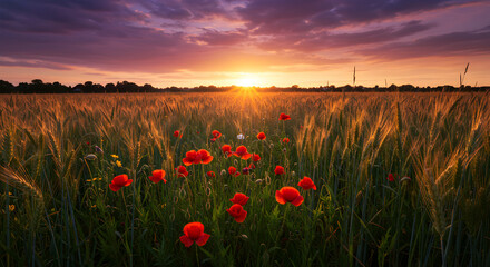 Scenic Wheat Field At Sunset With Red Poppies Blooming Beautifully