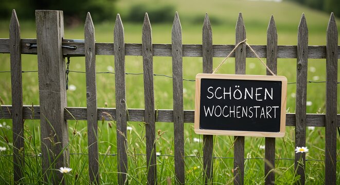 Schonen Wochenstart Sign Hanging on Wooden Fence