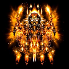 Fiery demonic figure with glowing orange and yellow hues, intricate details, and a dark background. The image is digitally created with a focus on light and shadow effects