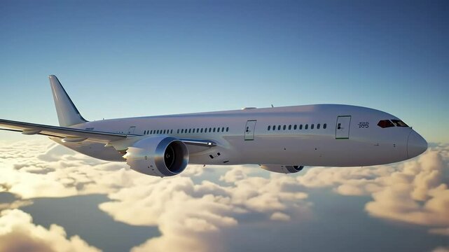 White Passenger Airplane Soaring Through Fluffy Clouds in a Bright Blue Sky