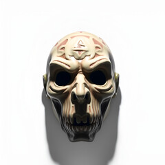 Fototapeta premium A grotesque ceramic mask, its surface gleaming with distorted patterns, casts an eerie glow against a stark white background.