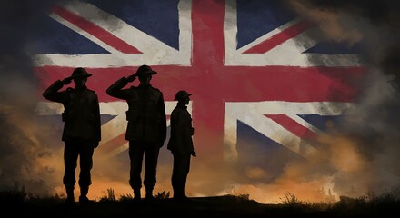 United Kingdom Soldiers Silhouetted Saluting Respectfully Against Union Jack Flag Backdrop, World War One Remembrance, Atmospheric Grunge Style Illustration, Military Valor and Patriotism
