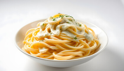 Fettuccine Alfredo pasta in a bowl isolated on transparent background, Side lit. with white shades