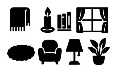 Home decor silhouette icons set – furniture, lamps, cozy and minimalist symbols