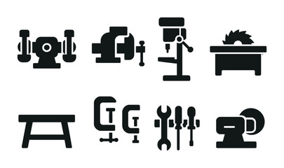Workshop and tools solid icons set &ndash; silhouette, filled, carpentry and diy symbols
