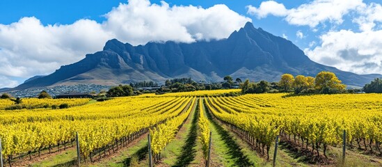 Picturesque Stellenbosch Vineyards with Majestic Mountain Backdrop Under Cloudy Skies
