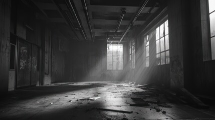 Sunbeams in abandoned factory hallway; decay, dust