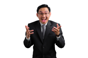 Excited young Asian businessman celebrating success with hands raised isolated on transparent background