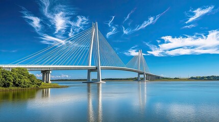 Obraz premium Modern Cable Stayed Bridge Over Wide Waterway Under Blue Sky, Featuring Elegant Engineering and Scenic Views. 