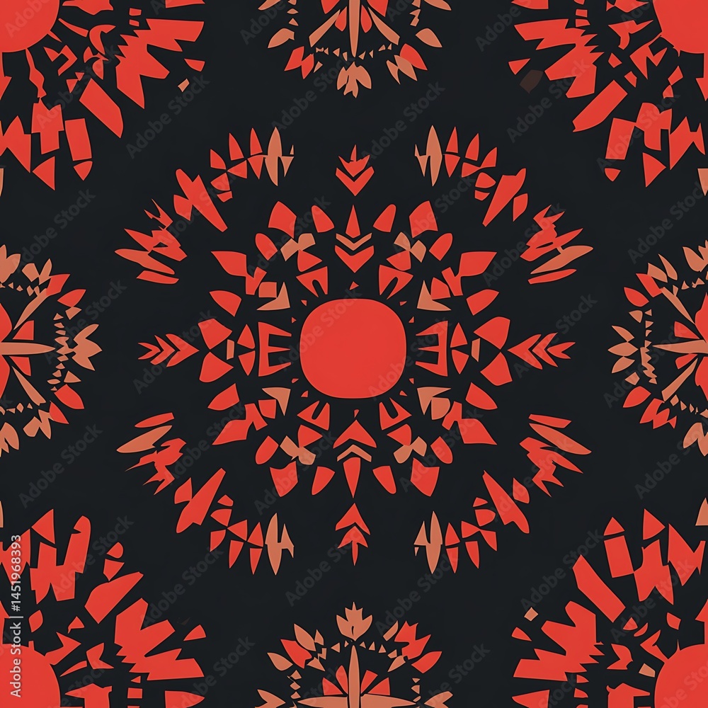 Poster intricate red and black geometric pattern featuring a central circular motif surrounded by radiating