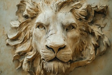 Obraz premium Ornate lion's head sculpture on a stone wall.