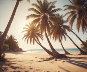 Obraz premium Sun-drenched palm trees lean over a vintage-toned, sandy beach; film grain adds texture , sunset, vacation